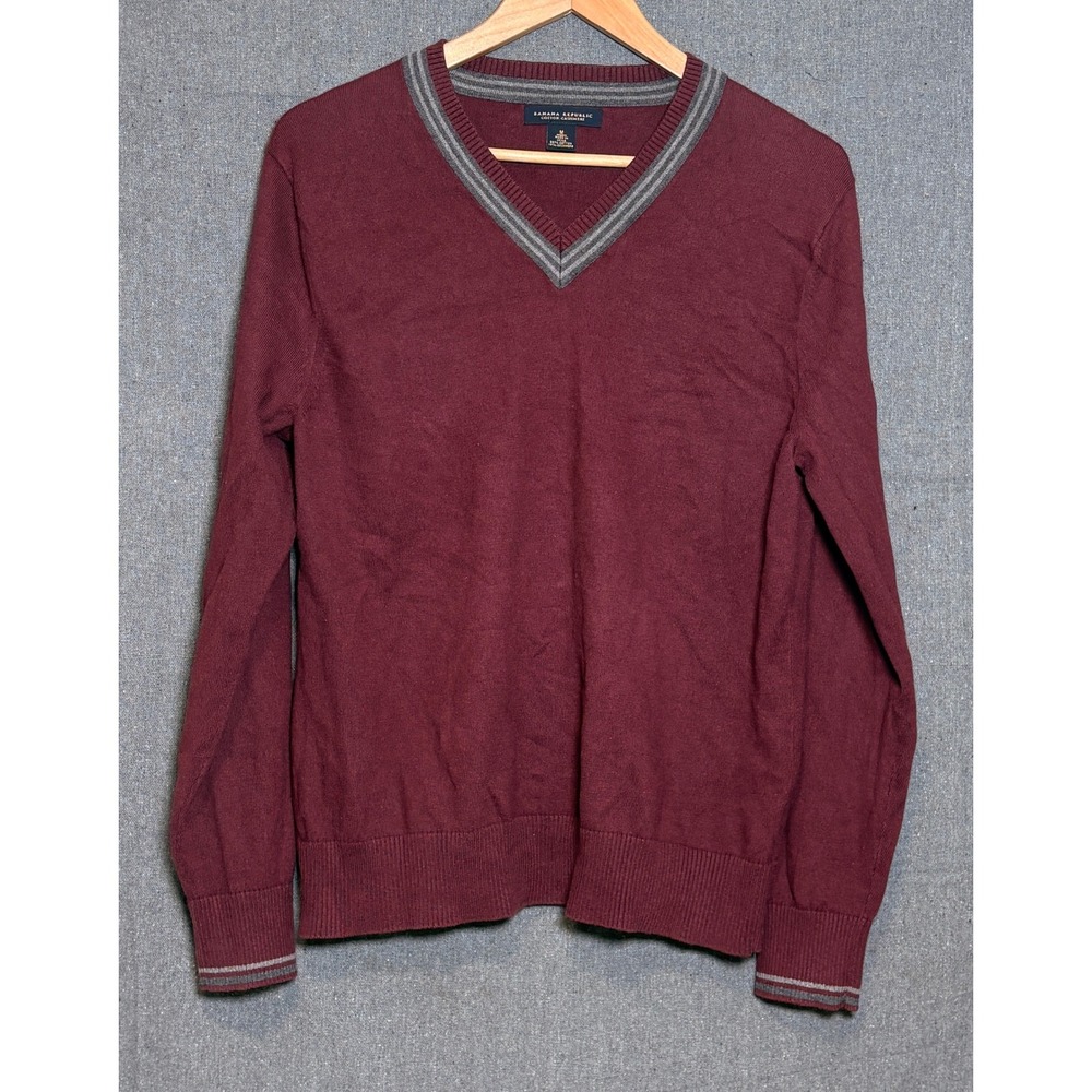 Banana Republic Mens V-Neck Sweater Burgundy Cotton Cashmere Striped Trim Sz M